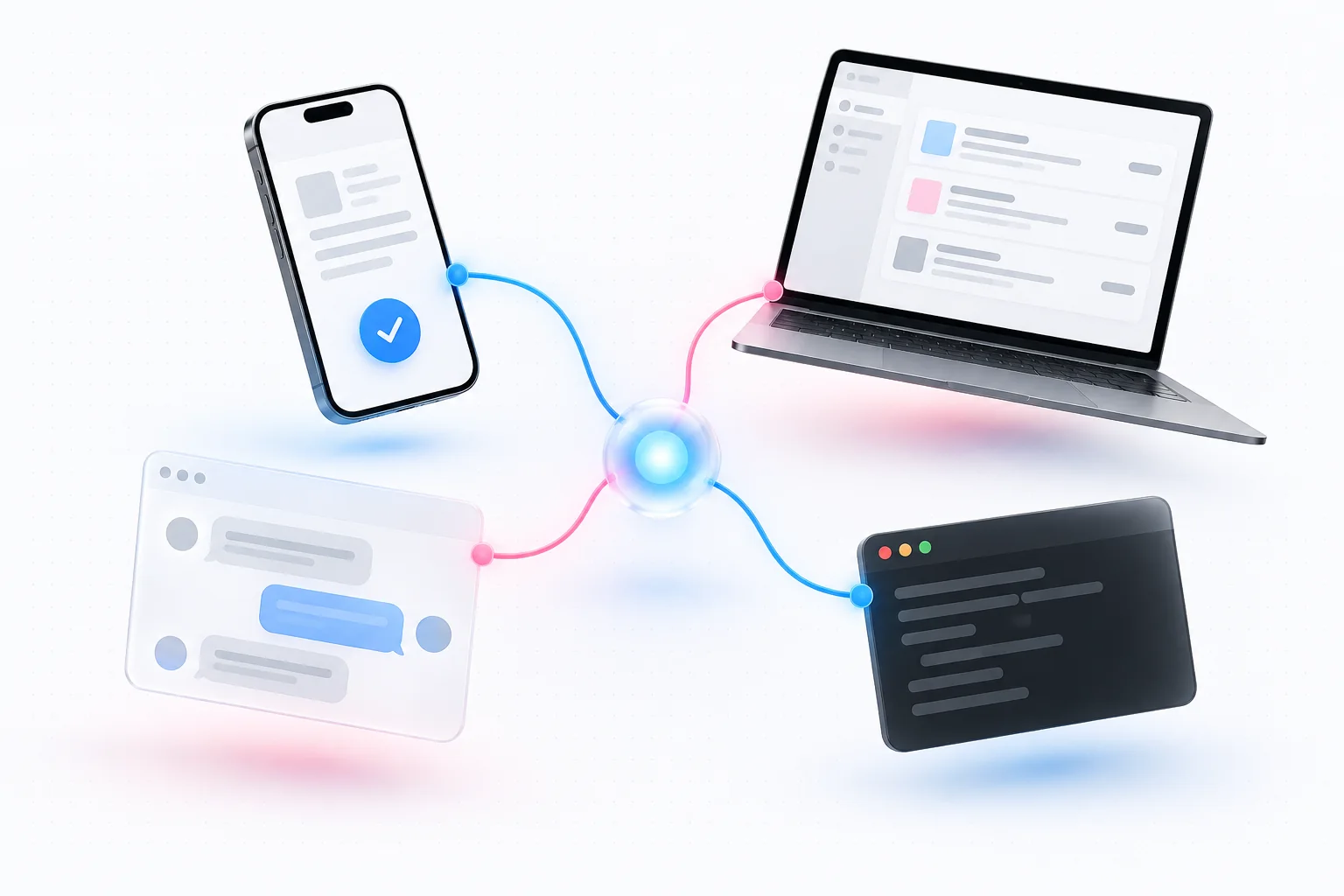 A phone, a laptop, a chat window and a terminal, all connected to Maggie, each able to approve a post