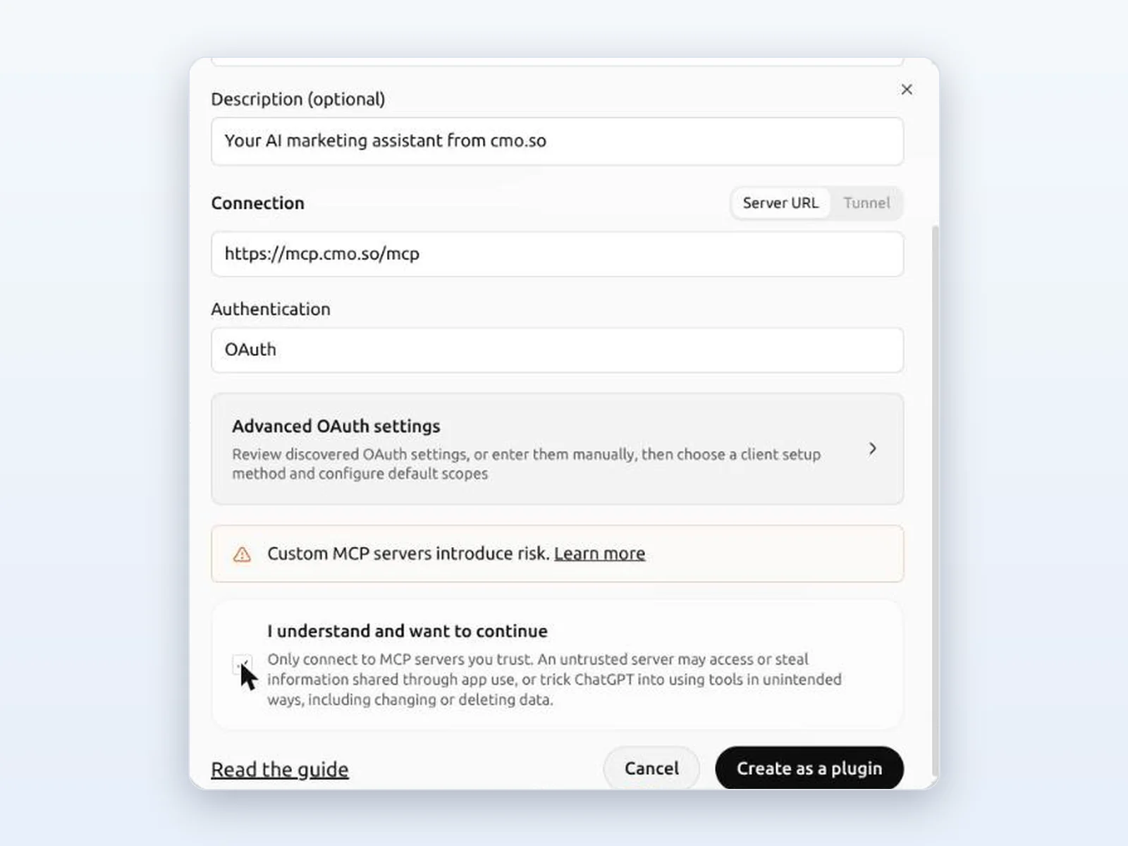 The bottom of the form: the risk notice, I understand and want to continue ticked, and Create as a plugin