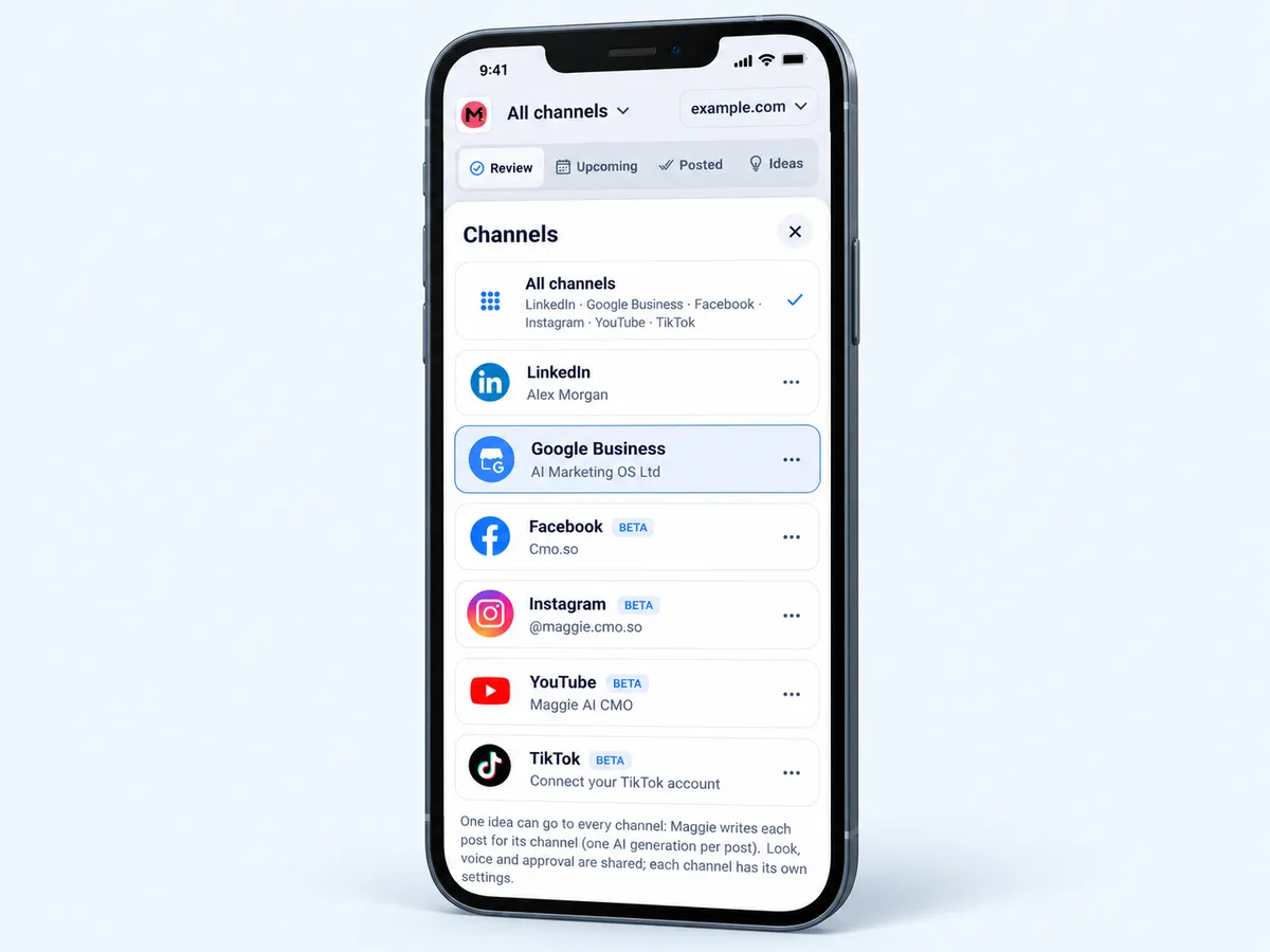 The Channels sheet in the cmo.so app with Google Business highlighted
