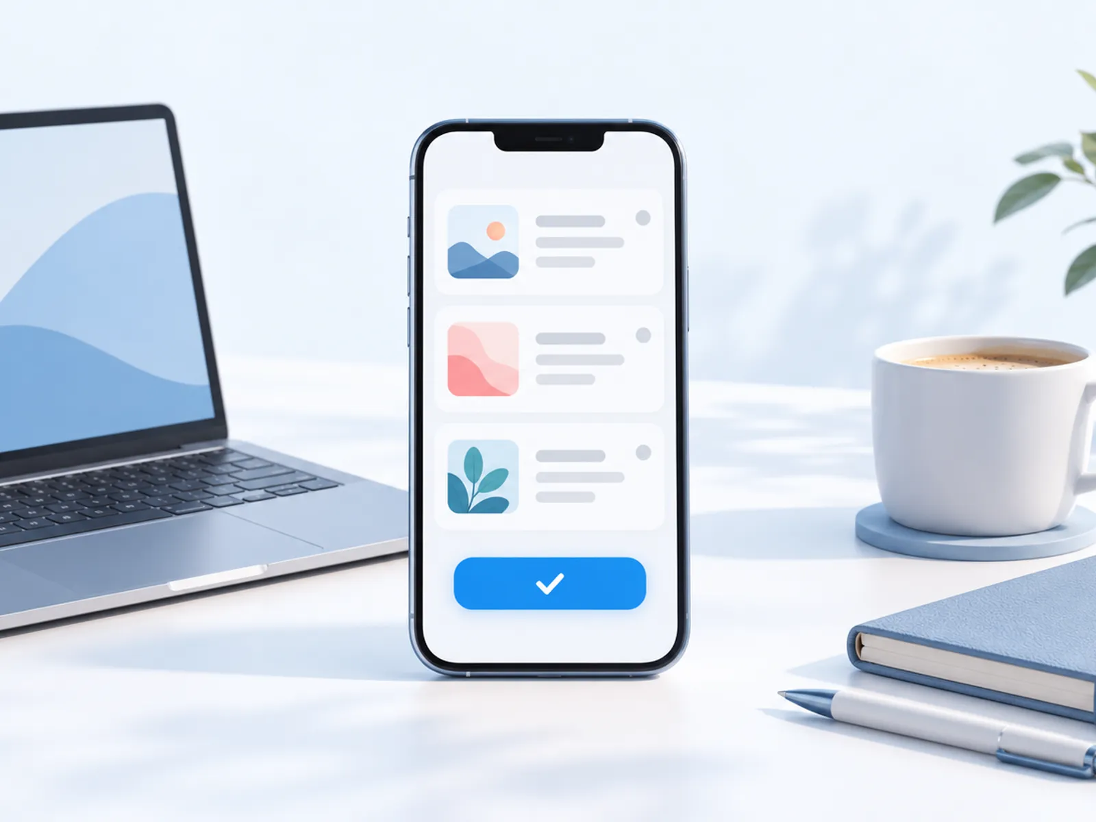 A phone with LinkedIn-style posts waiting for approval on a desk