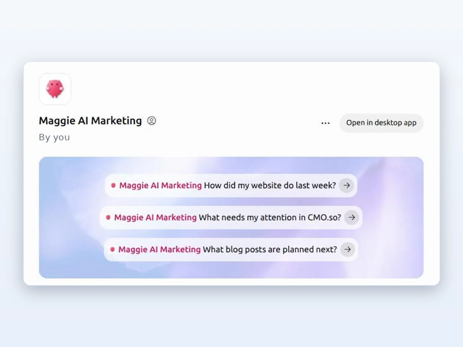 The Maggie AI Marketing plugin added from the archive, with its three starter questions and Open in desktop app
