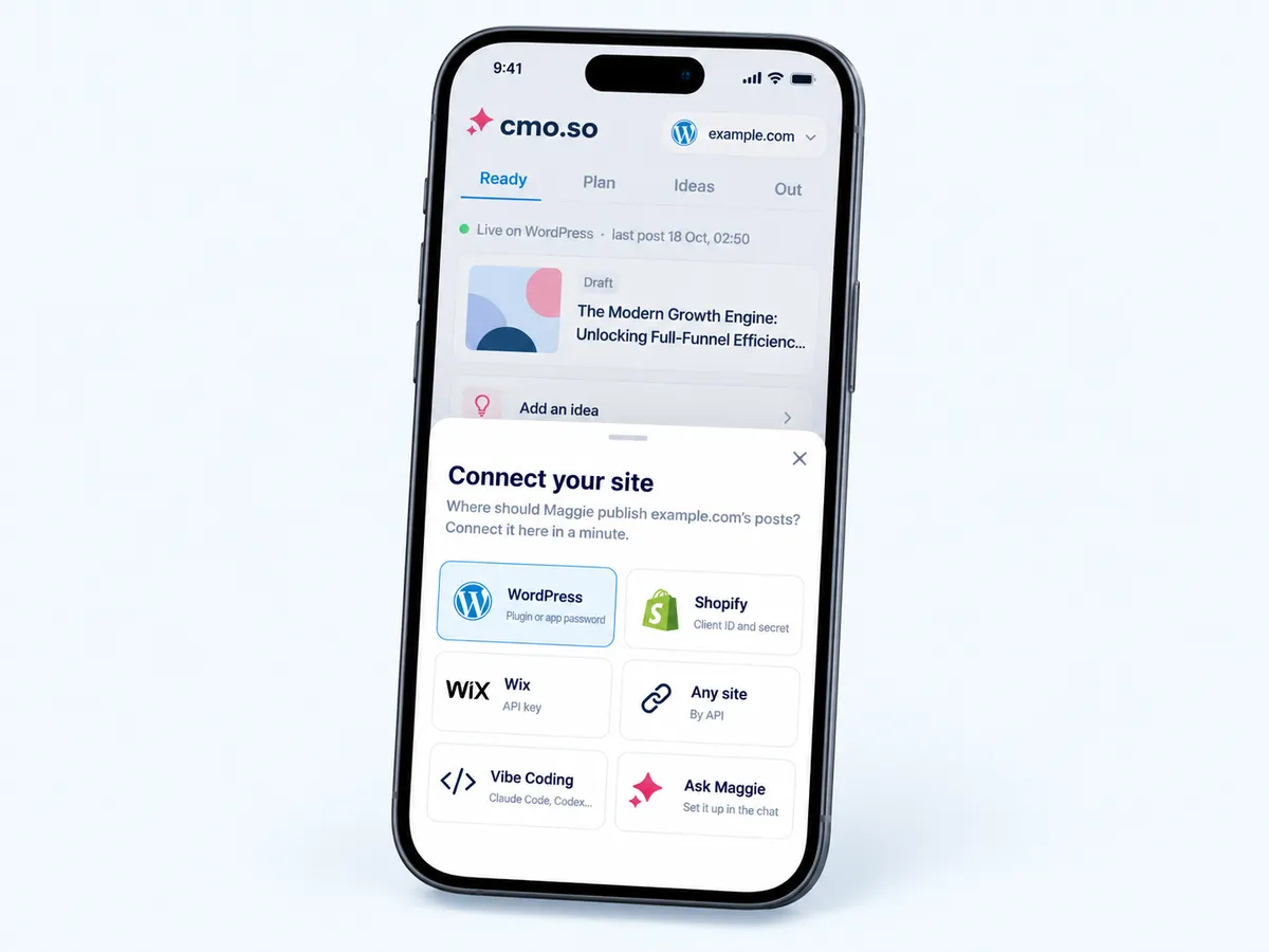 The Connect your site sheet in the cmo.so app with the WordPress tile highlighted