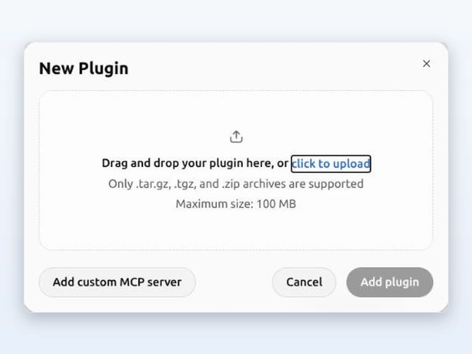 ChatGPT's New Plugin window asking to drag and drop a .zip, .tgz or .tar.gz plugin archive
