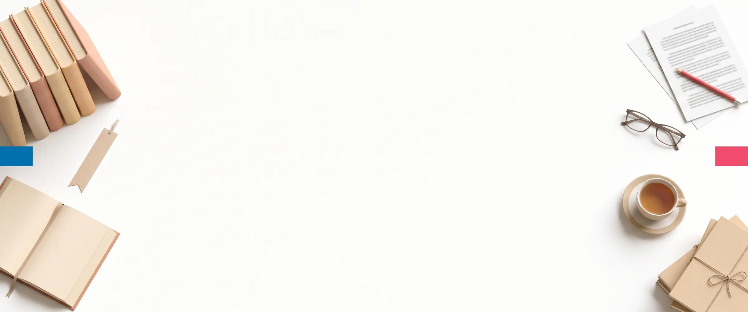 白底上的出版物件:一摞新出的精装书、带红铅笔的校样、一副老花镜、一枚书签和一杯茶
