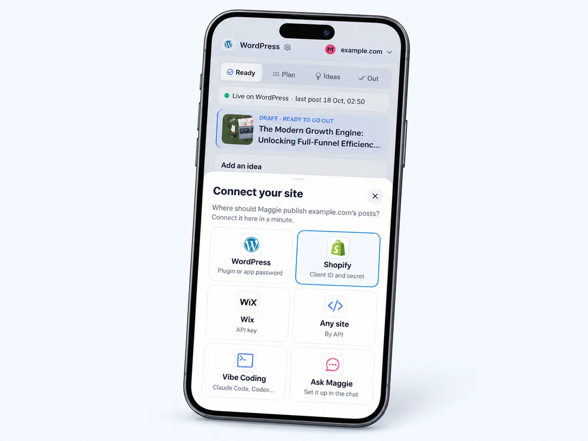 The Connect your site sheet with Shopify highlighted
