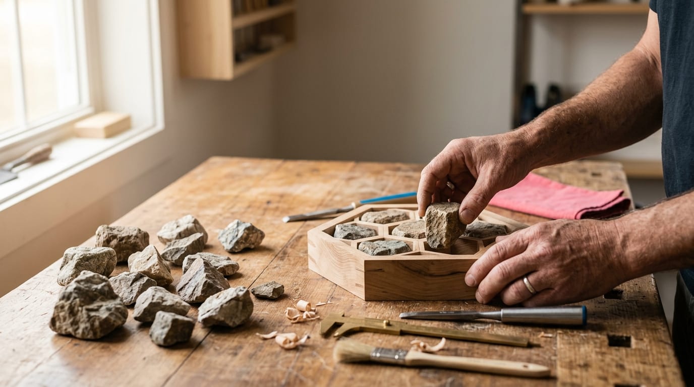 A close-up of a person's hands fitting a rough, natural river stone into a structured geometric wooden frame on a sunlit workbench.