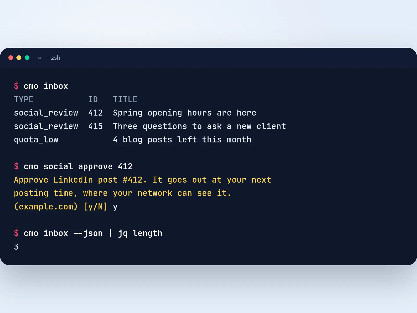 A terminal running cmo inbox with two LinkedIn posts to review, then cmo social approve 412 asking y/N first