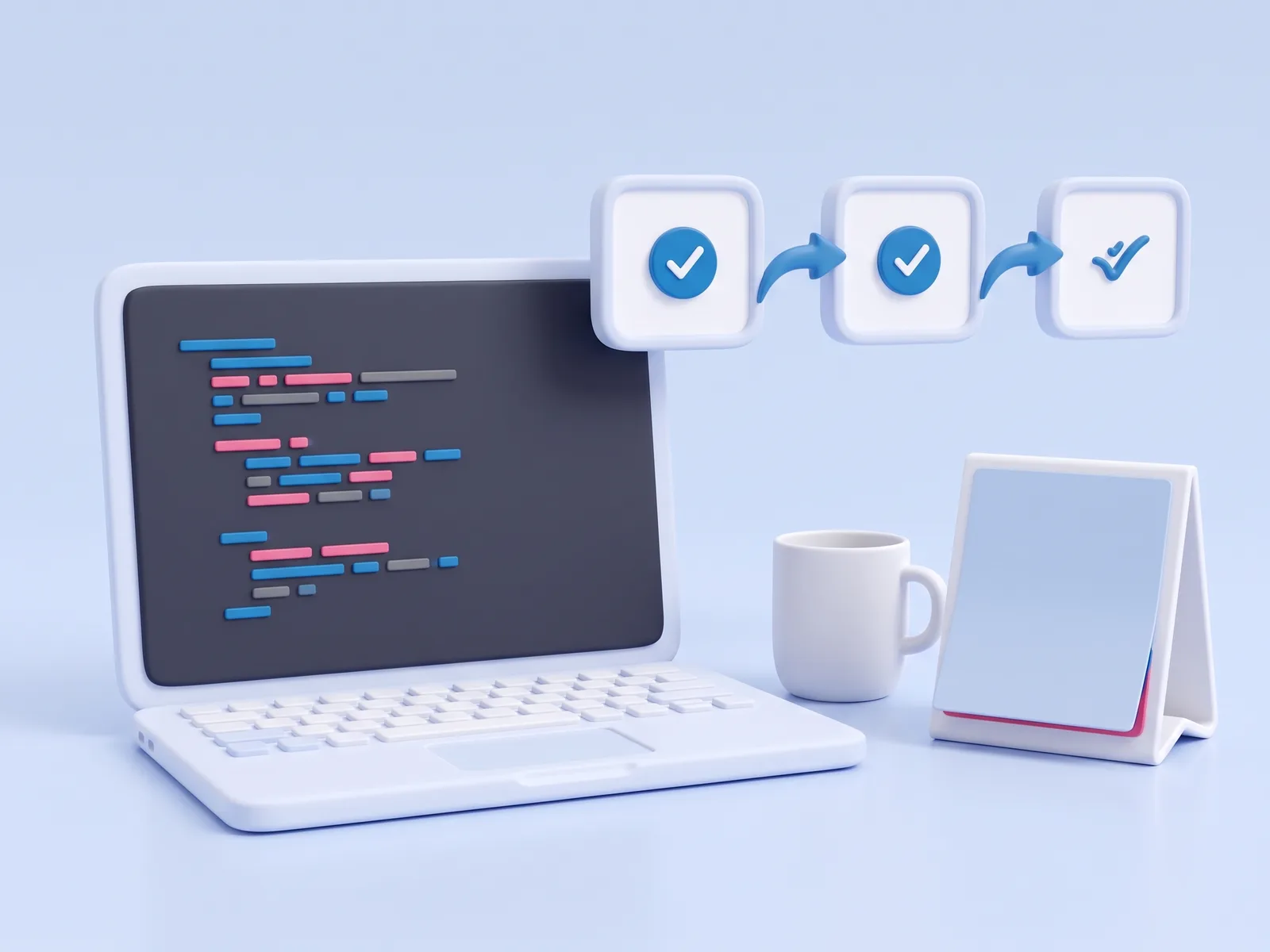 A laptop with a dark terminal on screen, a row of three checked pipeline steps above it, a mug and a desk calendar