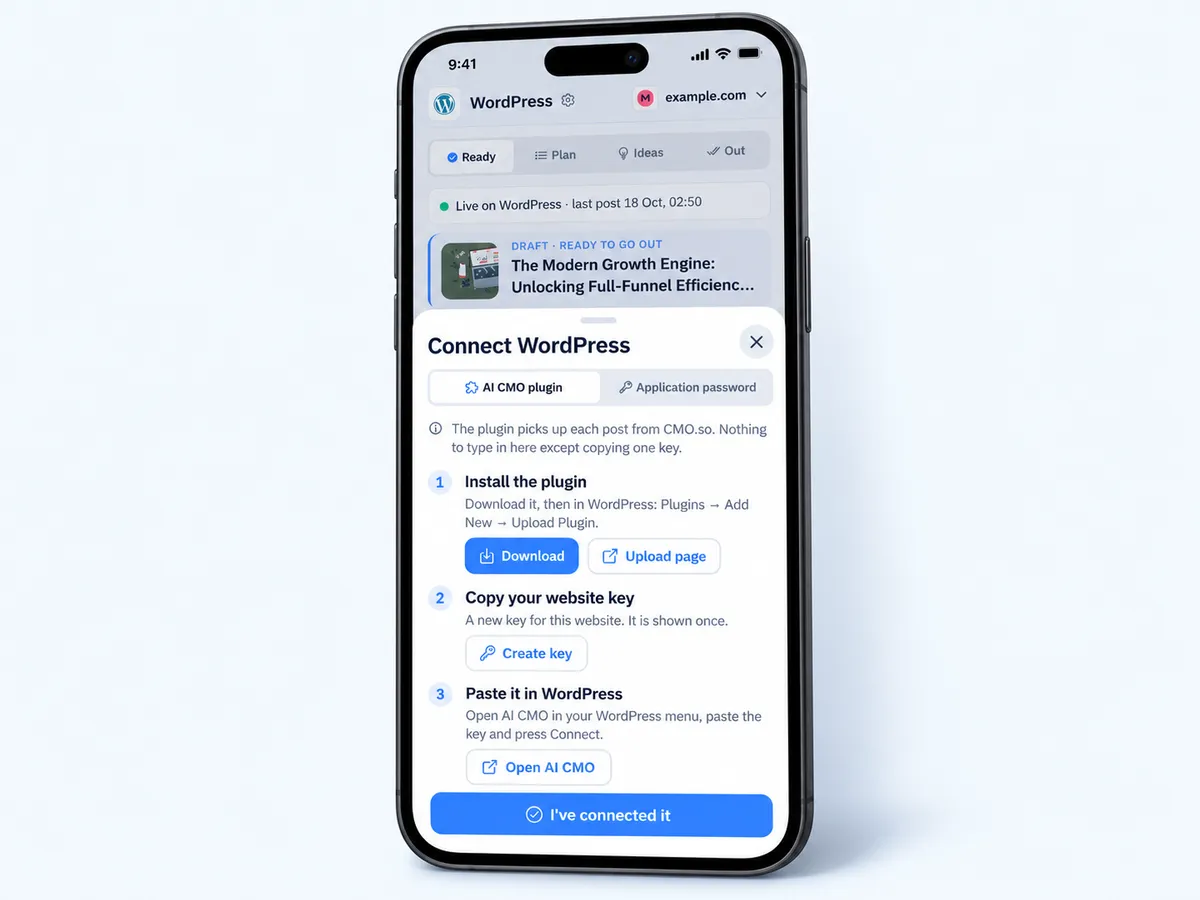 The app's WordPress form with the AI CMO plugin tab and the Download button
