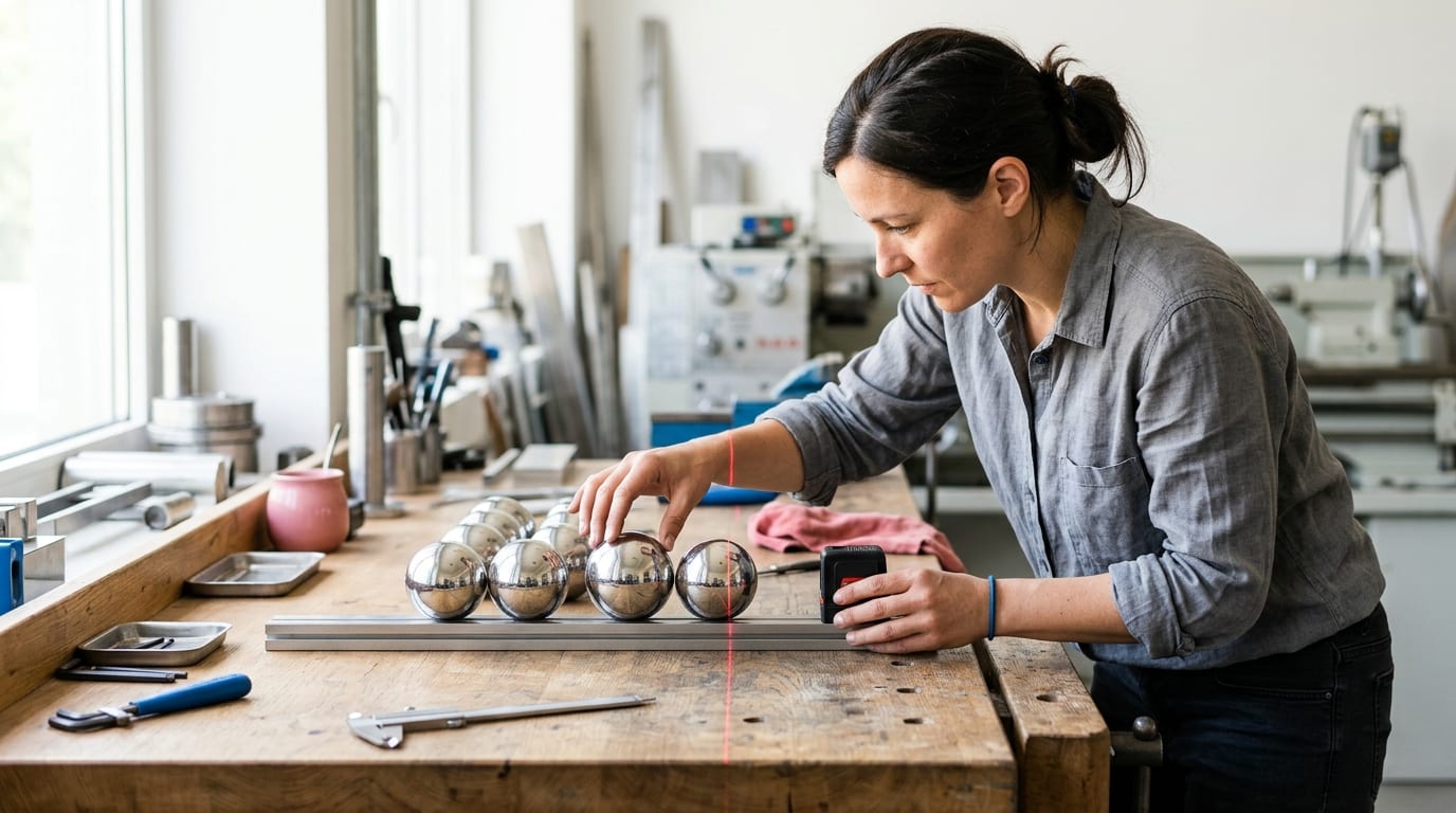 A person's hand carefully aligns a row of reflective metal spheres on a rustic wooden table using a red laser beam in a bright, professional workshop.