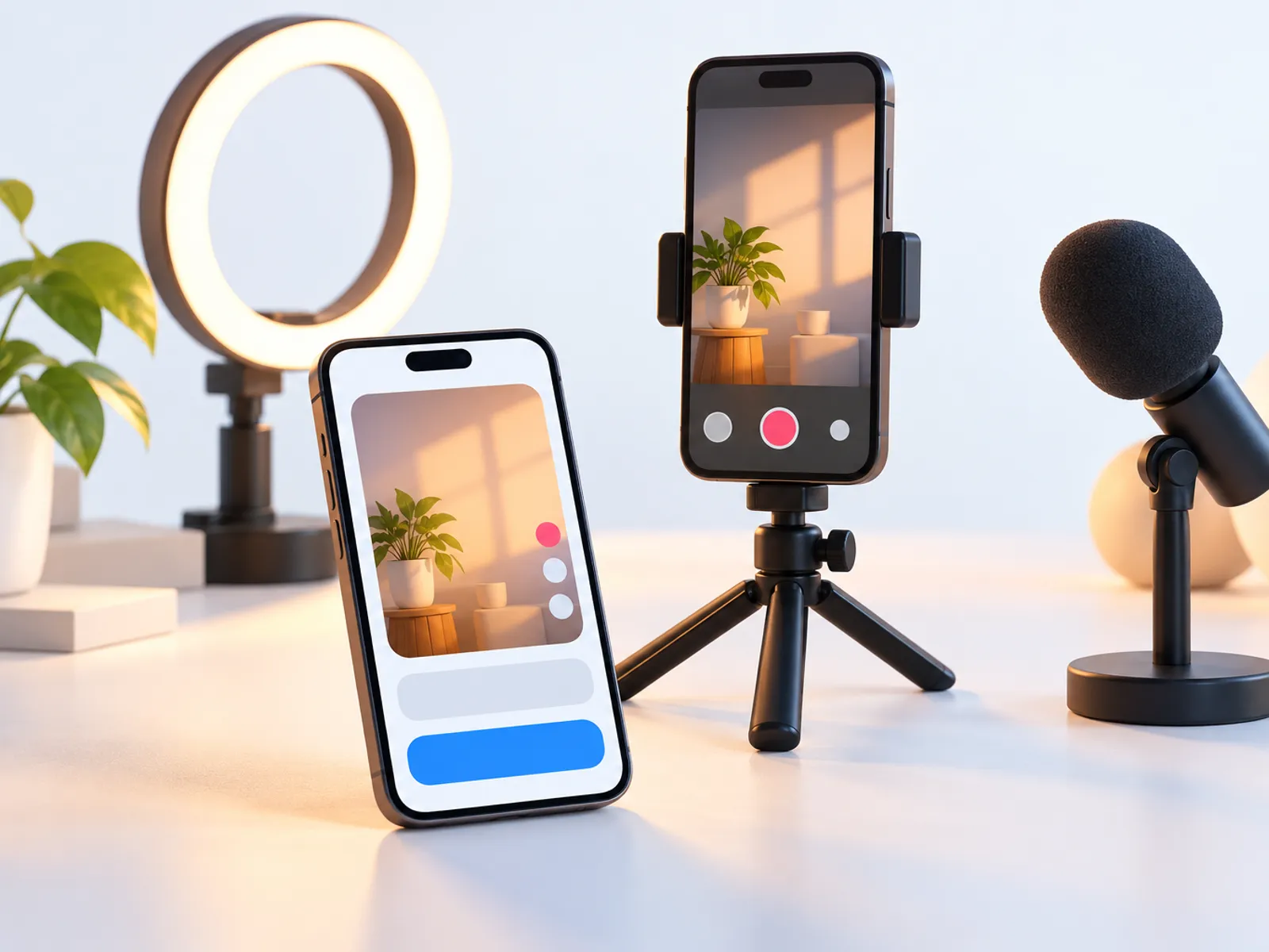 A phone showing a grid of square posts beside an instant camera and photos
