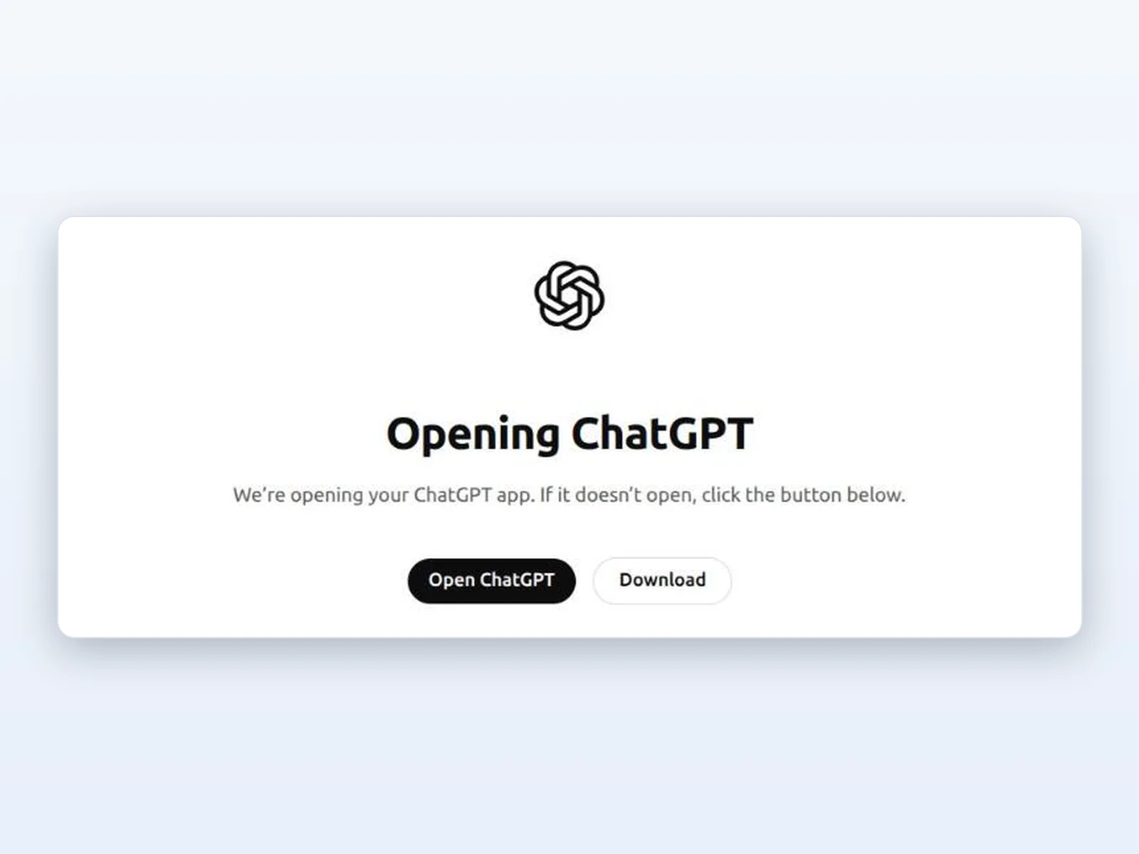 ChatGPT handing the plugin over to the desktop app: Opening ChatGPT, with Open ChatGPT and Download