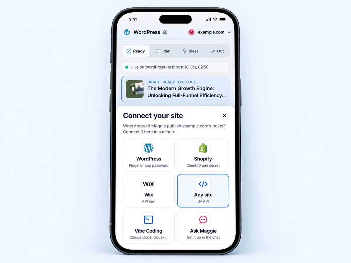 The Connect your site sheet with the Any site tile highlighted