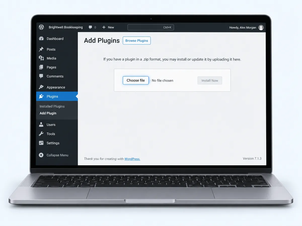 WordPress Add Plugins page with the Upload Plugin box