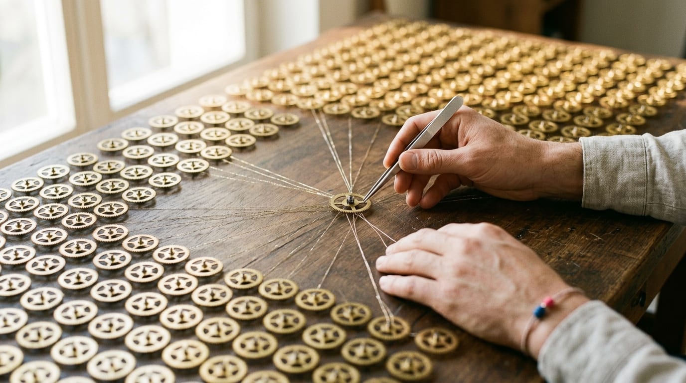 Close-up of hands using a precision tool to align a central gear within a network of identical brass mechanisms on a rustic wooden table.