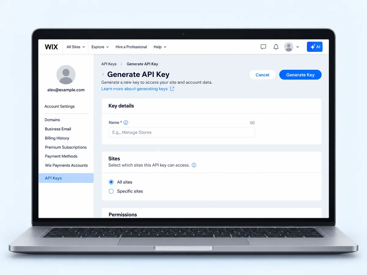 The Wix Generate API Key form