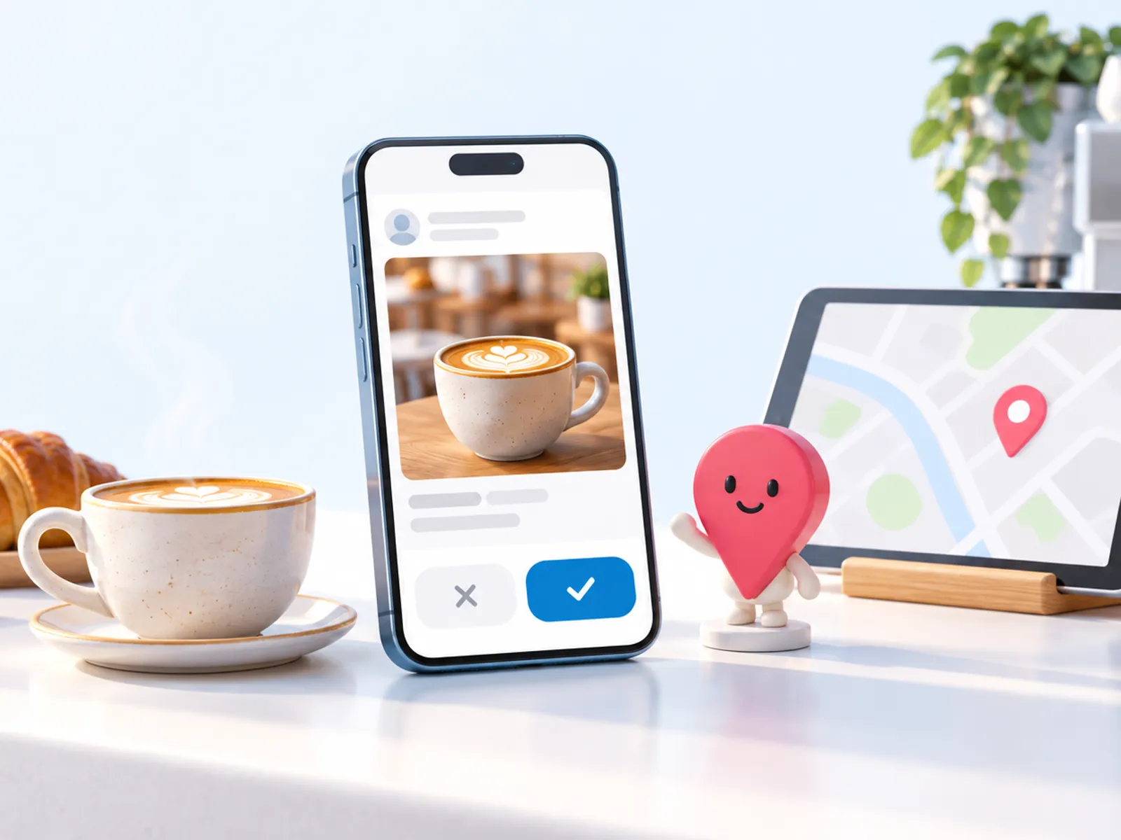 A phone showing a local business post with a Book button on a café counter