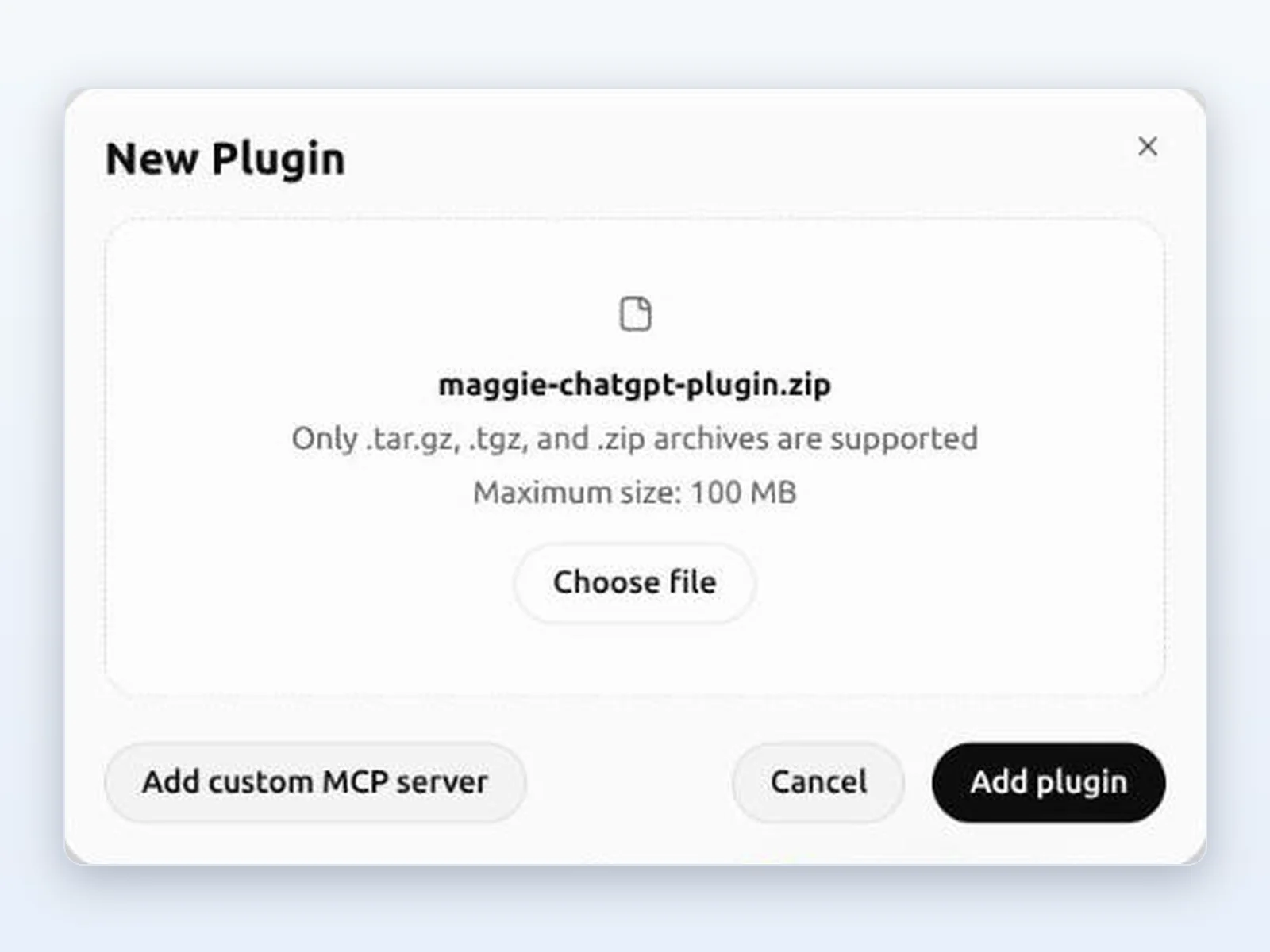 The New Plugin window with maggie-chatgpt-plugin.zip chosen and the Add plugin button