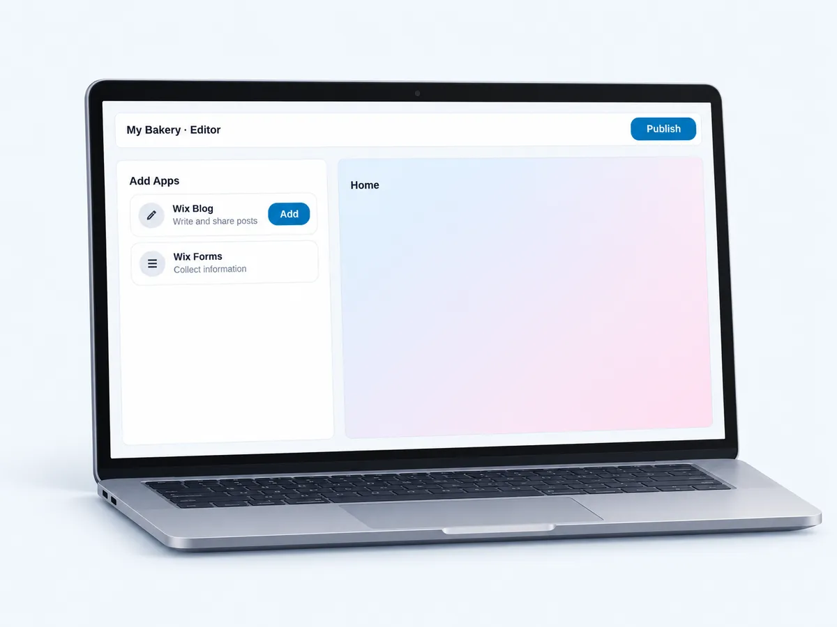 The Wix editor with Publish and the Wix Blog app