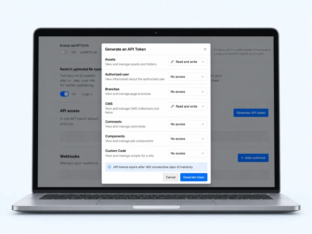 The Webflow Generate an API Token dialog with Assets and CMS set to Read and write