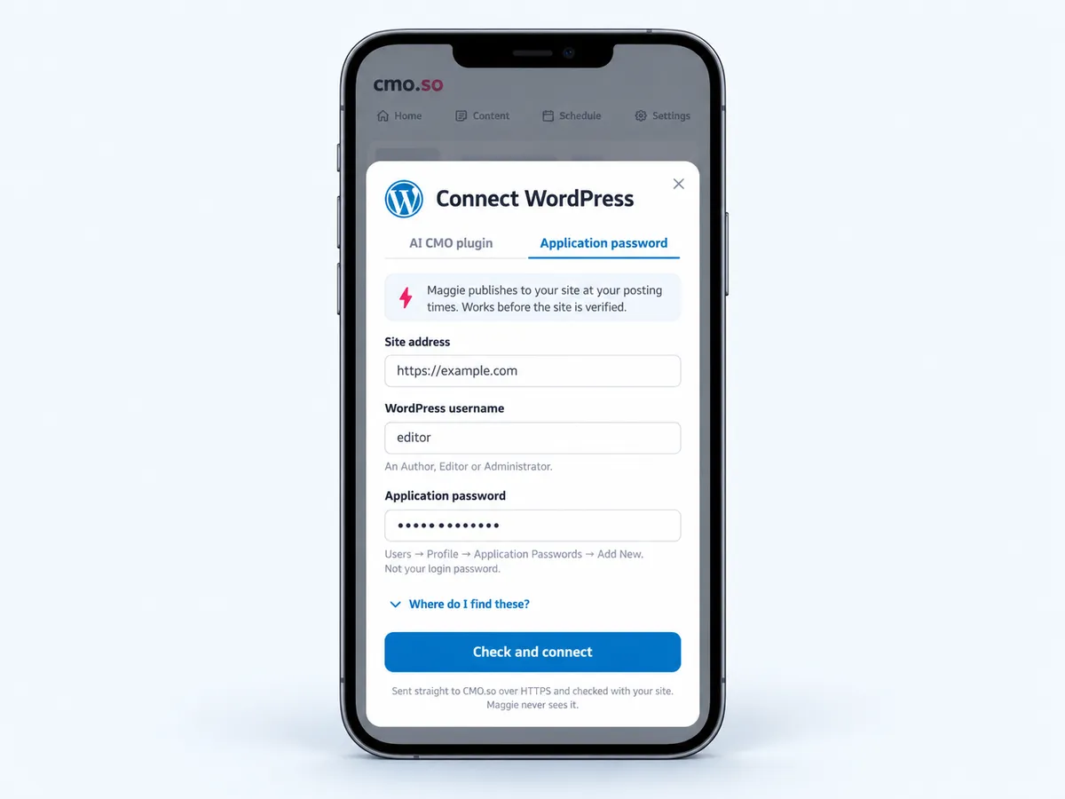 The application password form with Site address, WordPress username and Application password