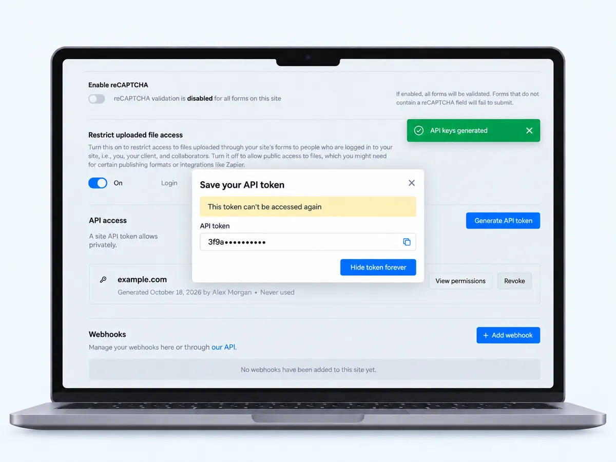 The Webflow Save your API token dialog