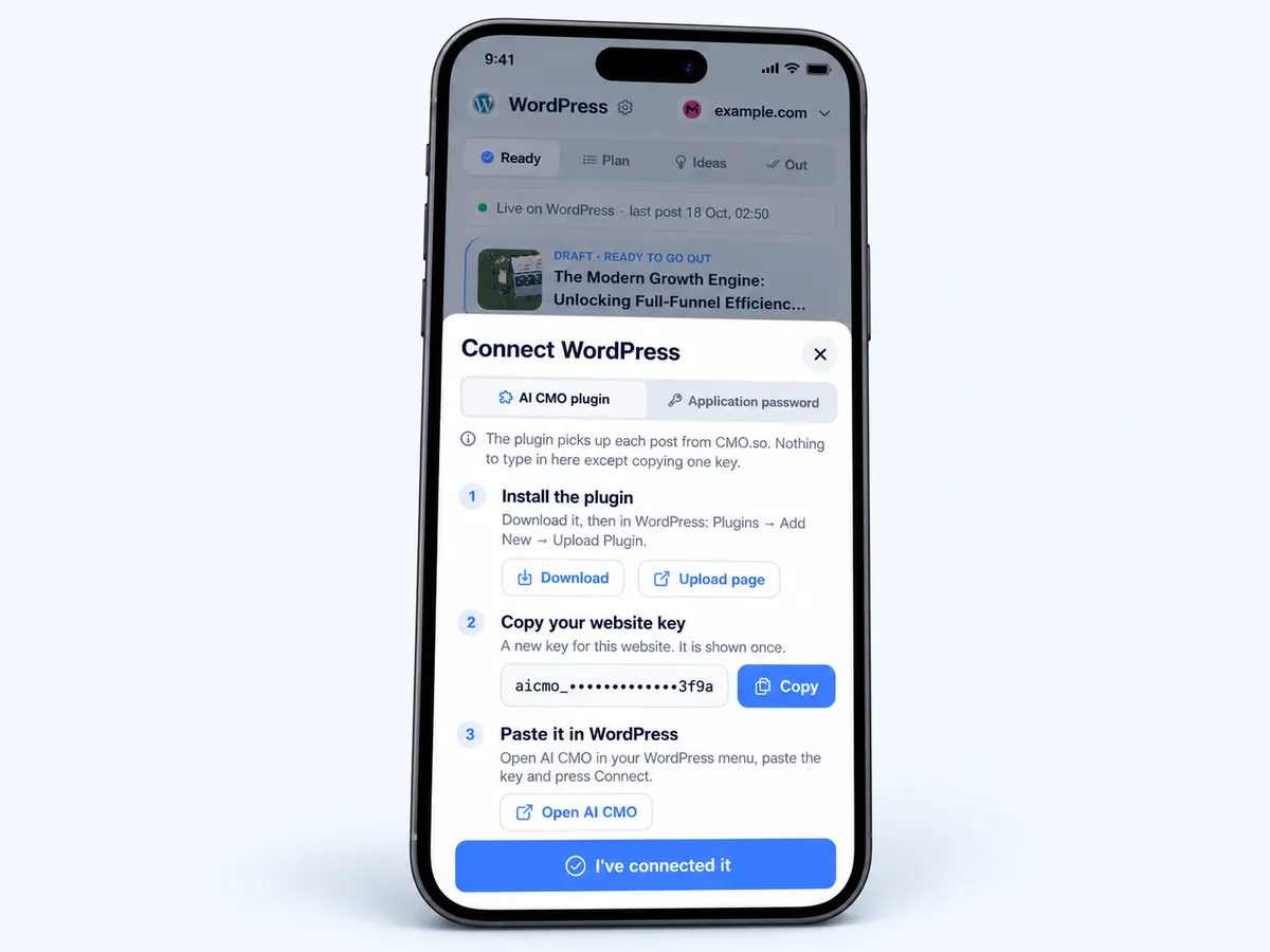 The app showing a newly created website key with a Copy button