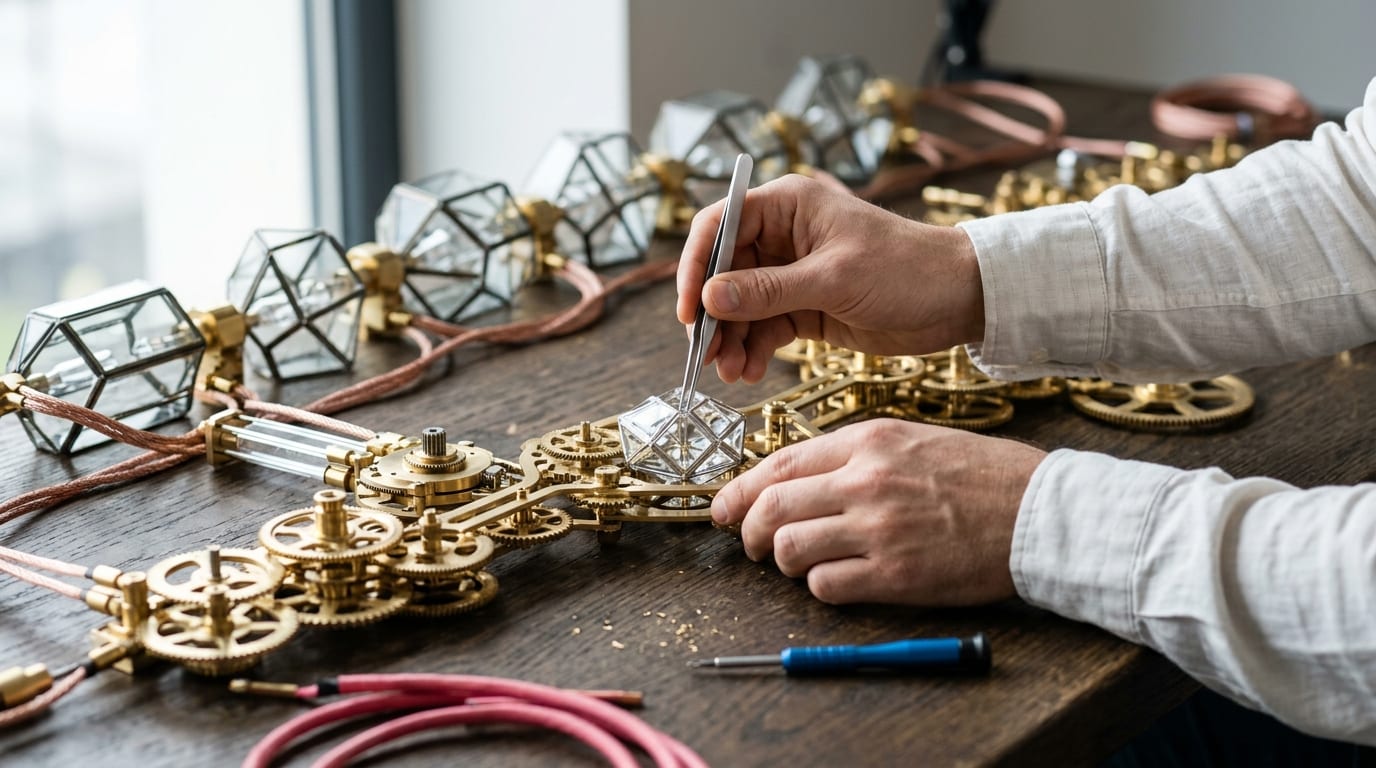 A close-up shot of hands using a small tool to adjust a complex machine of brass gears and glass modules on a dark wood table.