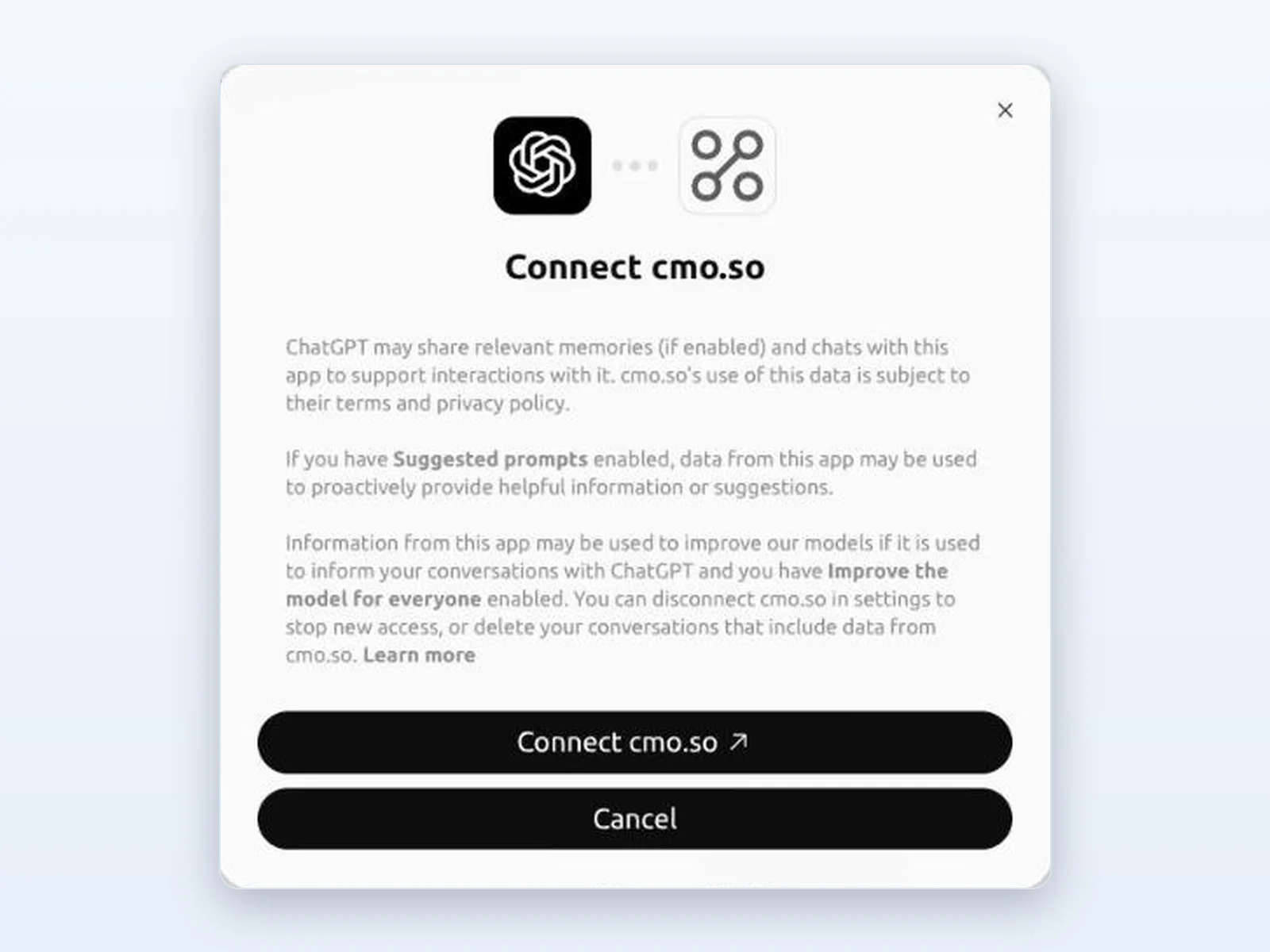 ChatGPT's Connect cmo.so window explaining what it shares, with the Connect cmo.so button