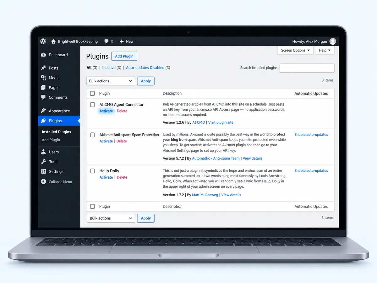 The WordPress Plugins list with AI CMO Agent Connector and its Activate link