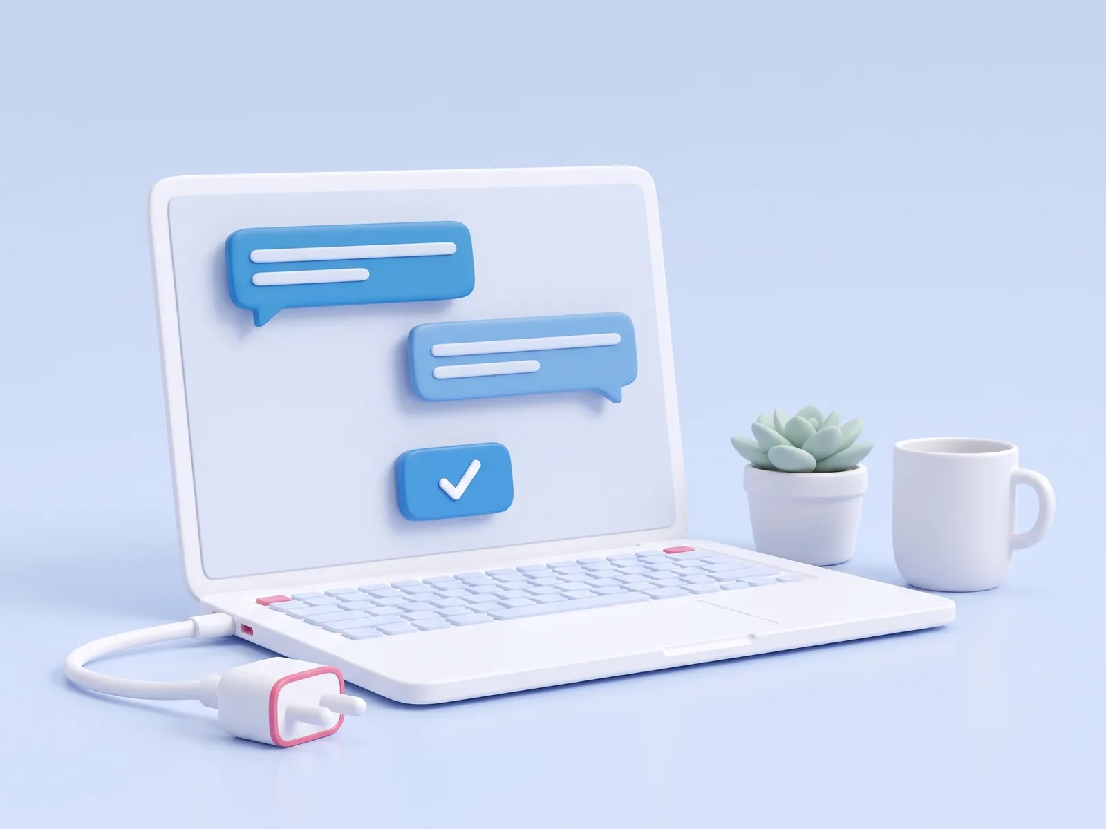 A laptop with a chat and an approval check on screen, plugged in, beside a plant and a mug