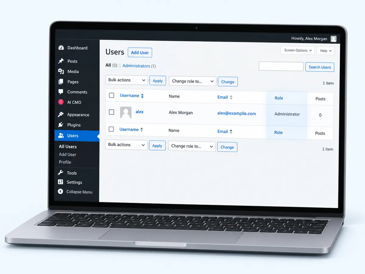 The WordPress Users list showing each user's role
