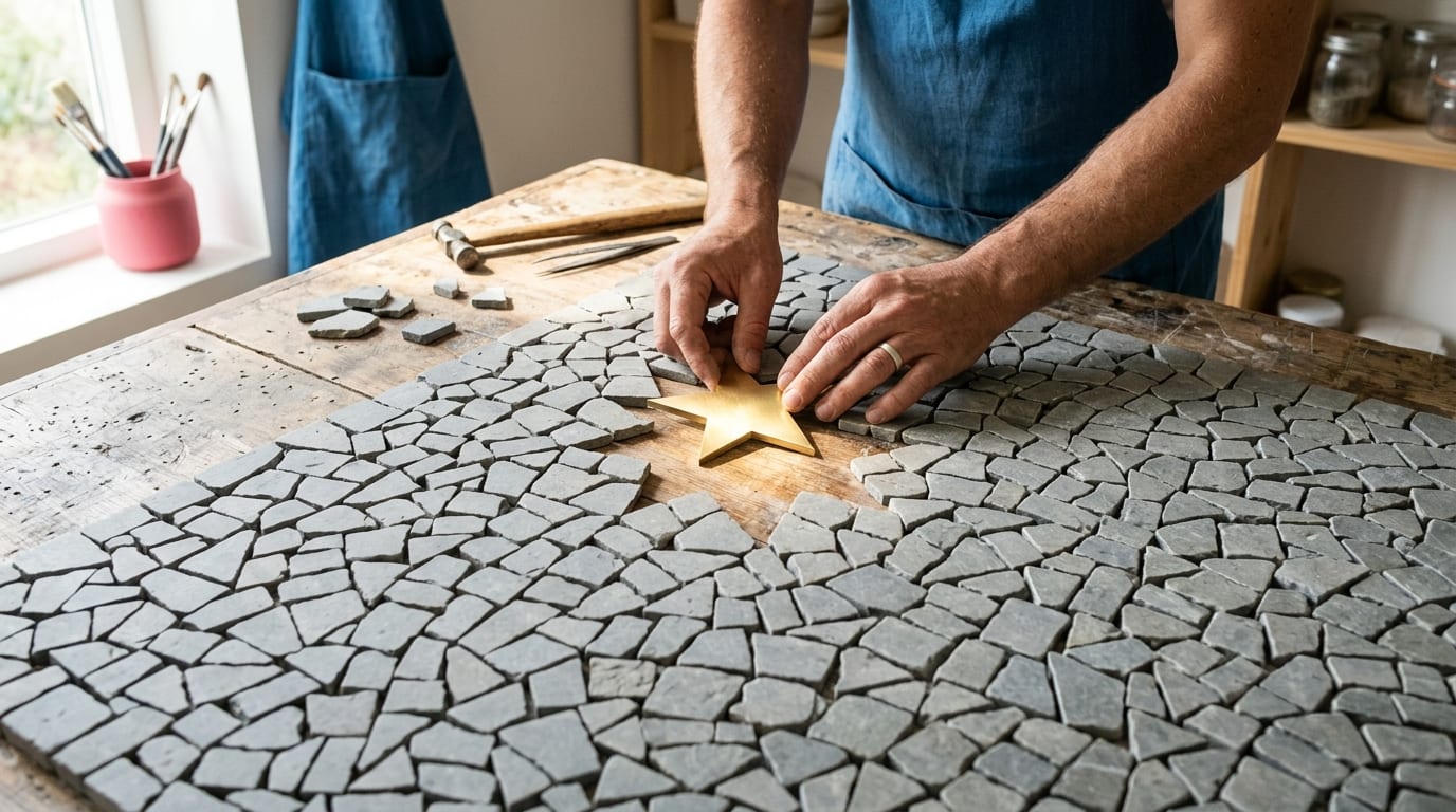 A pair of hands carefully fits a glowing, polished brass star into a precisely shaped void within a large, textured grey stone mosaic.