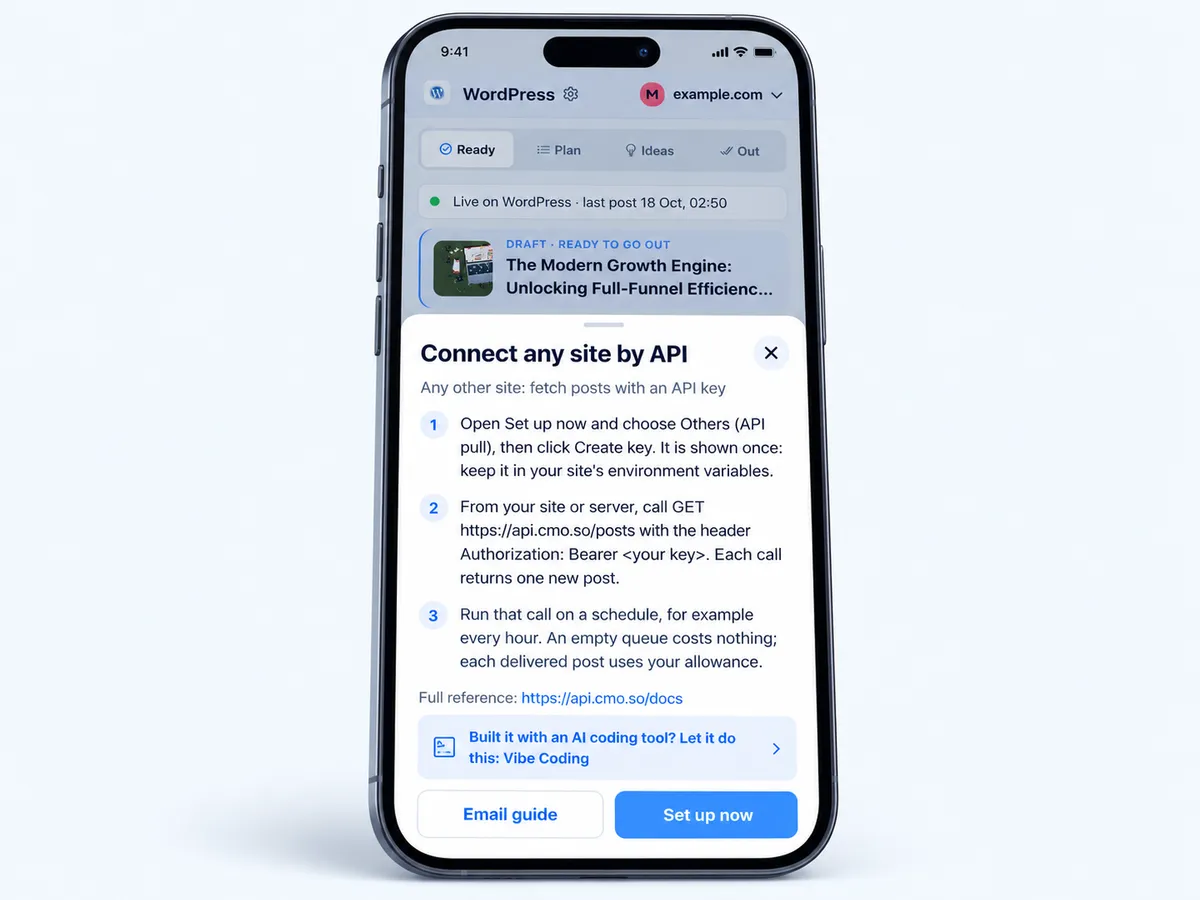 The Connect any site by API sheet with three steps and a Set up now button