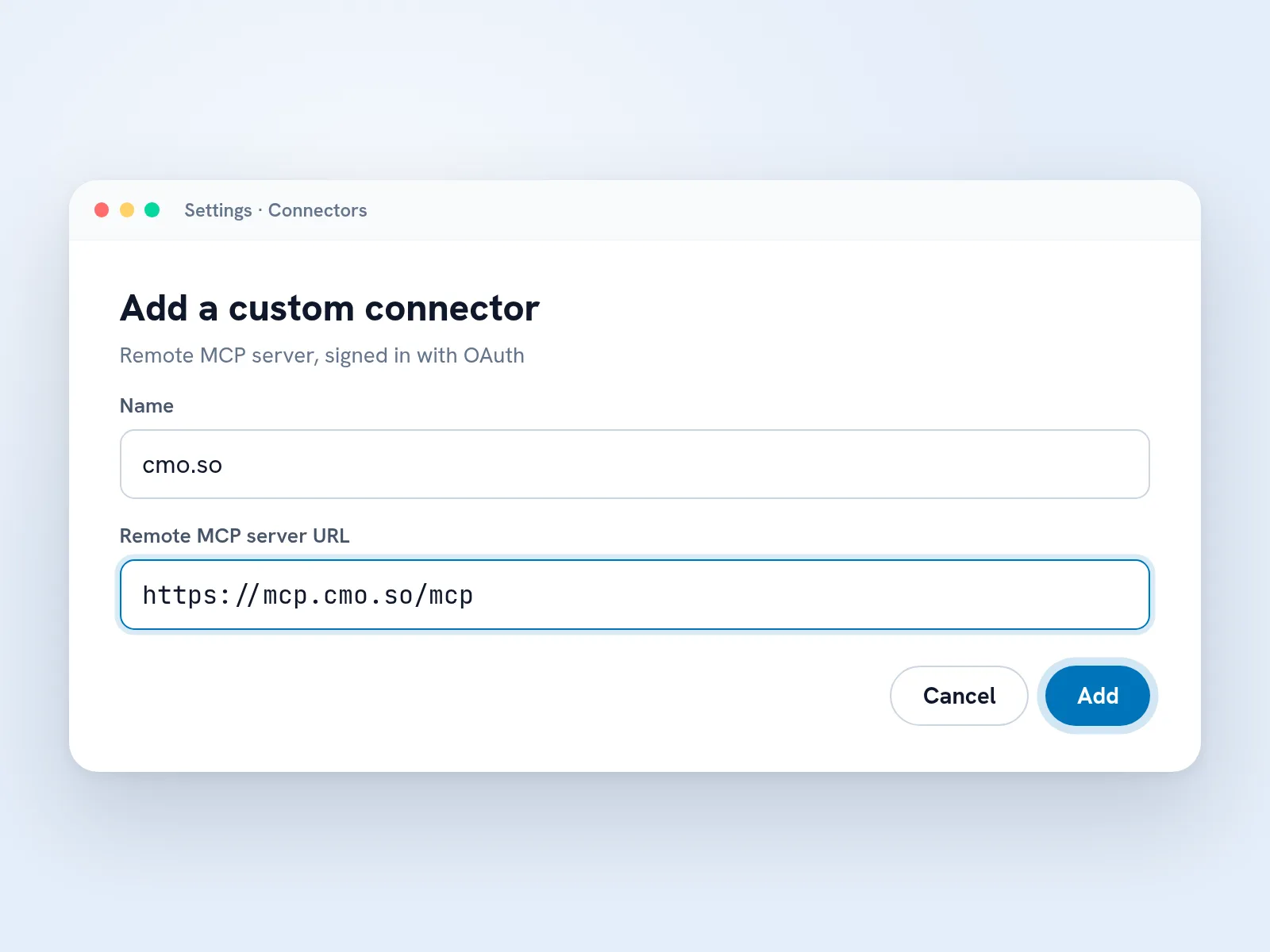 An AI assistant's Add a custom connector window with the name cmo.so and the URL https://mcp.cmo.so/mcp filled in, and the Add button