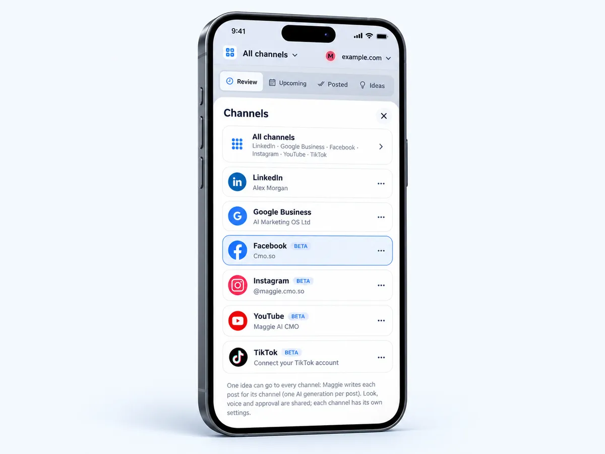 The Channels sheet in the cmo.so app with Facebook highlighted