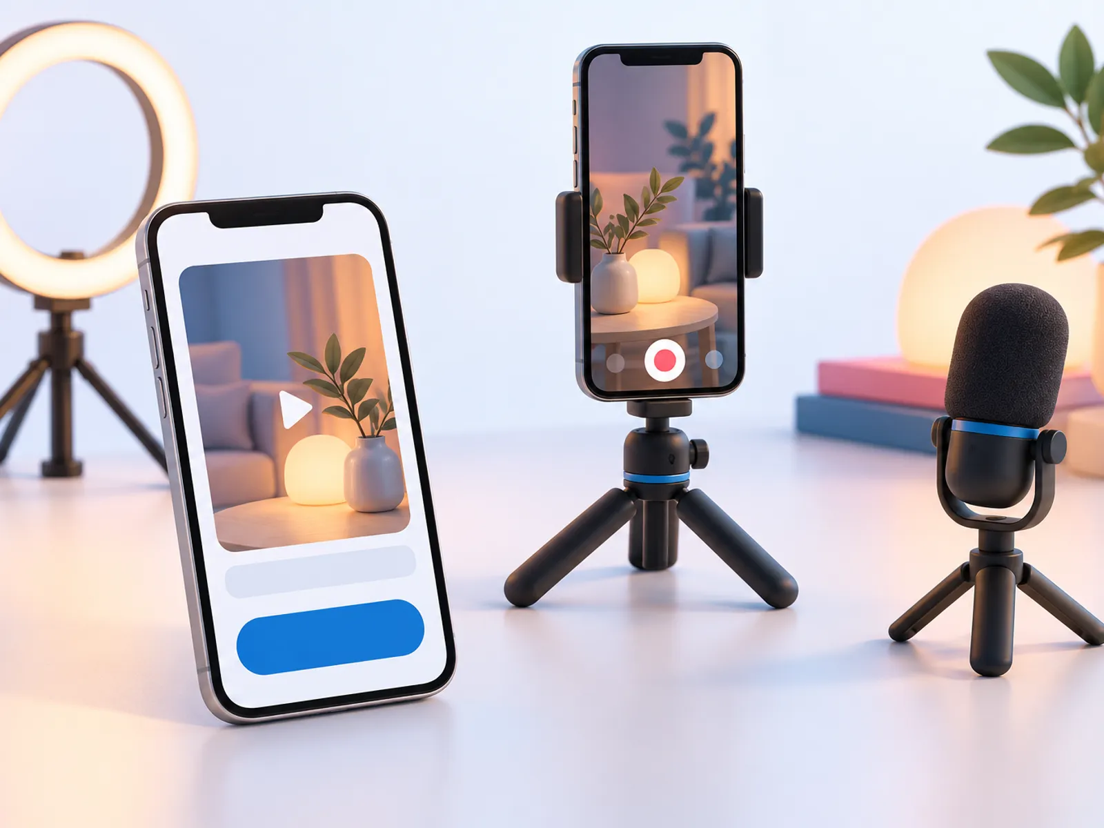 A phone filming in portrait on a tripod beside a phone showing a video waiting for approval