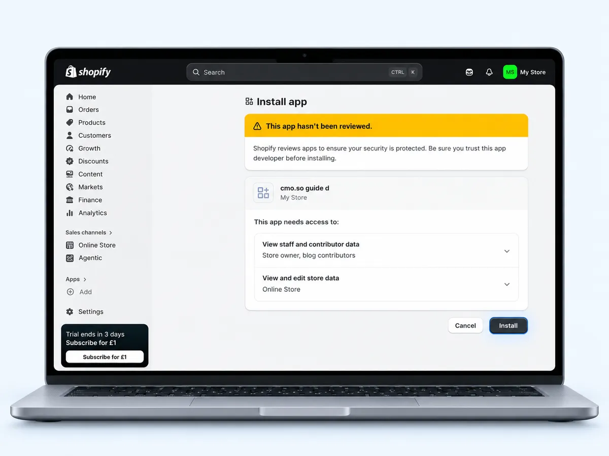 The Shopify Install app screen