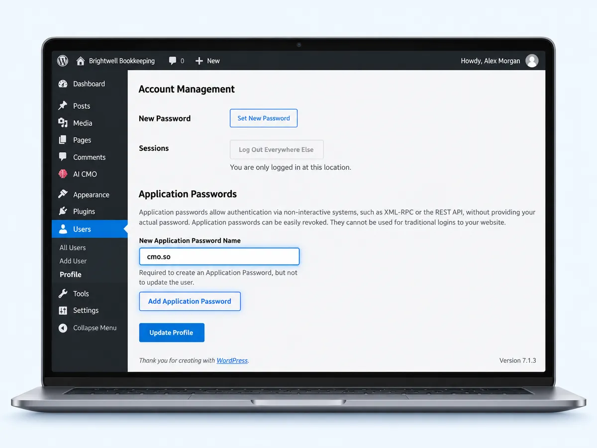 The application password name field with cmo.so and the Add Application Password button