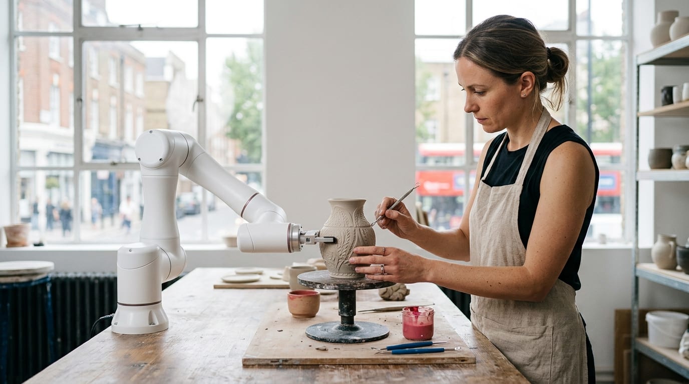 A craftsperson carves a ceramic vessel on a workbench while a sleek robotic arm assists by rotating the piece for precision.