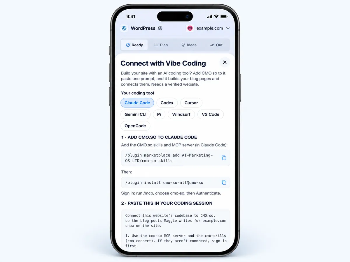 The Connect with Vibe Coding sheet with a choice of coding tools