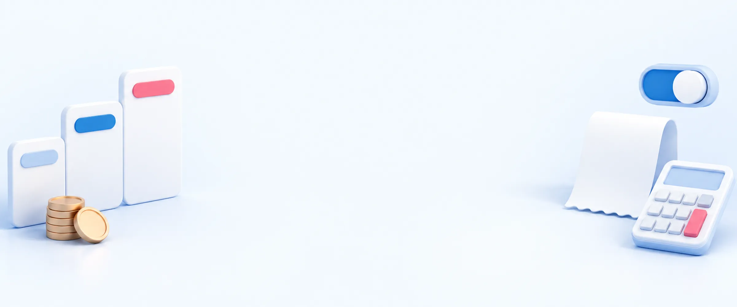 Pricing objects on white: plan cards like a staircase, coins, a toggle and a blank receipt