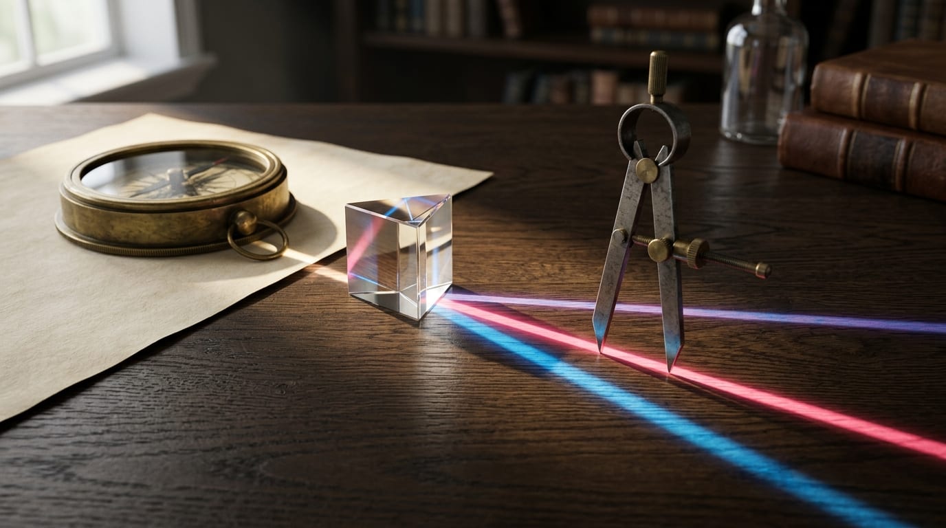 A brass compass and a glass prism sit on a wooden desk, with the prism dividing a beam of light into several paths being measured by vintage calipers.