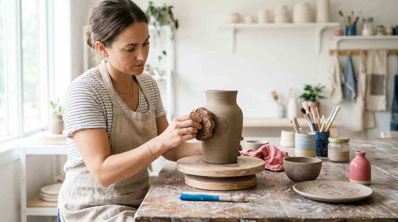 A close-up of a person’s hands using a single carved wooden stamp to press a consistent decorative pattern into several different clay vessels on a workbench.