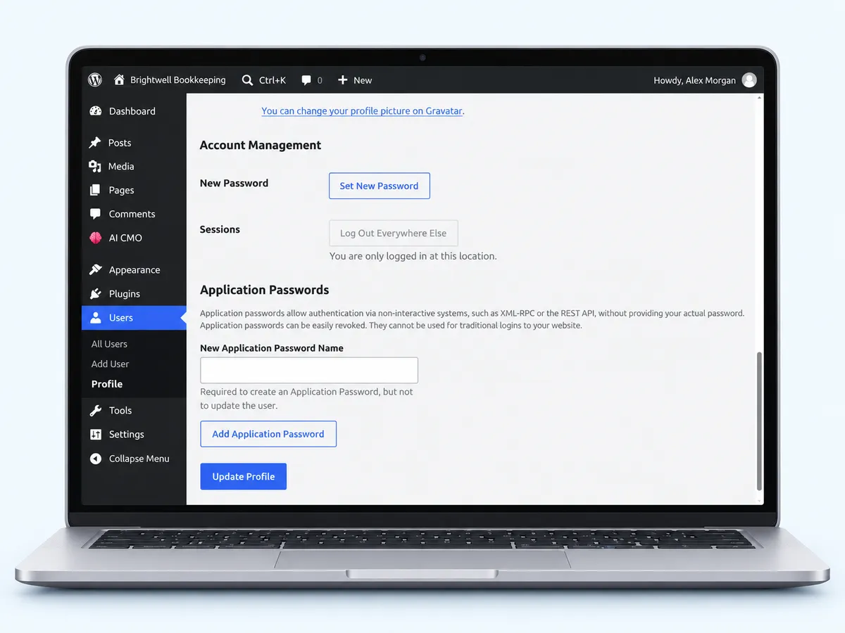 The Application Passwords section of a WordPress profile