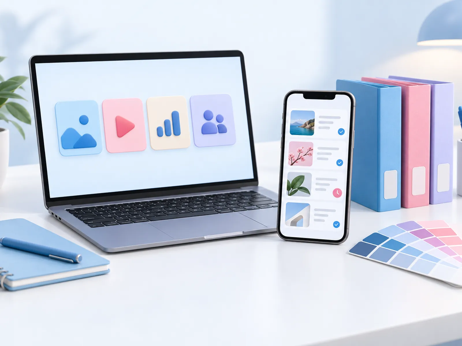 An agency desk: a laptop showing four client workspaces in different colours, a phone with post cards approved and one waiting, client folders and colour swatches