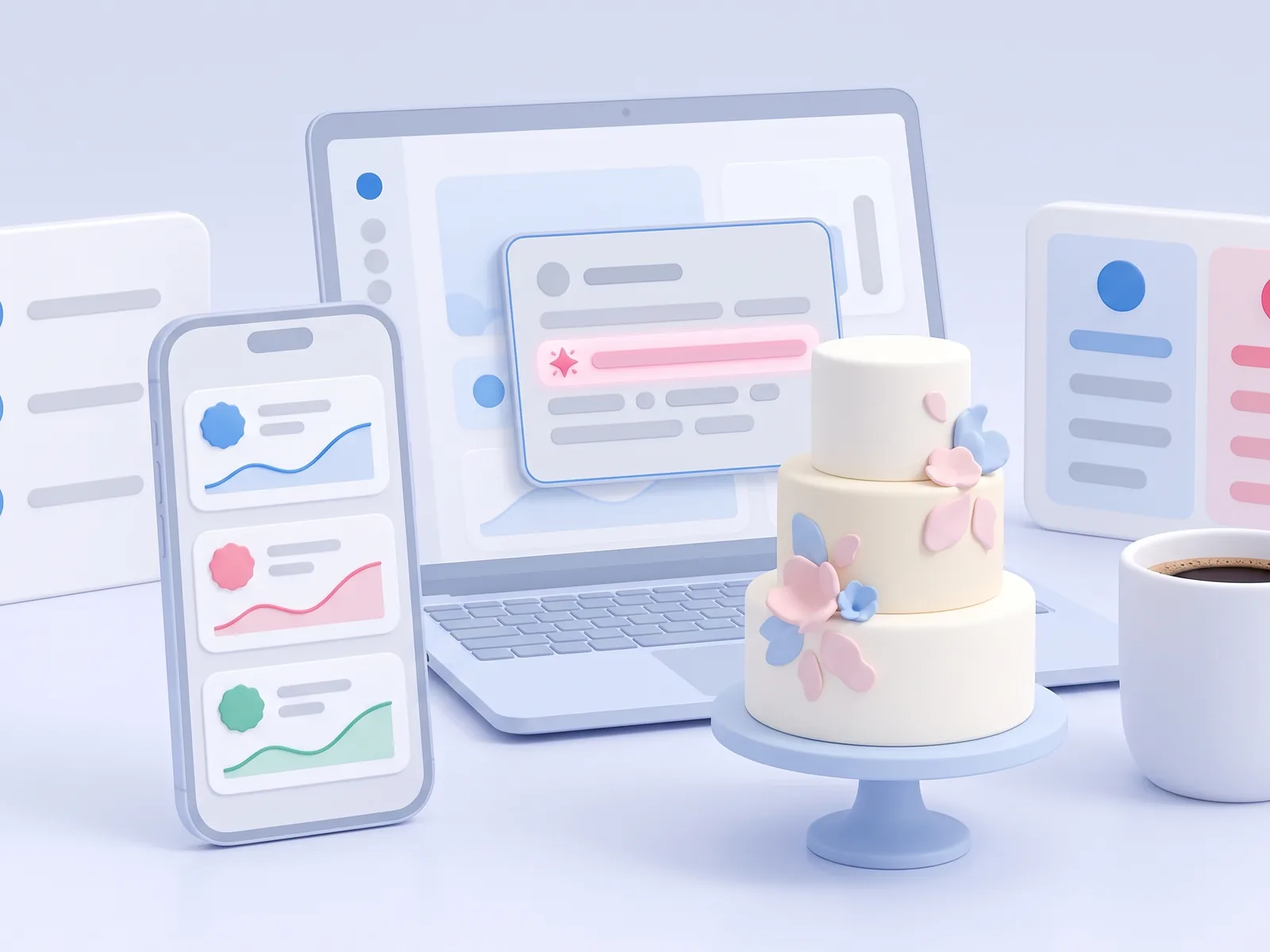 A wedding cake on a bakery counter beside a phone showing rising rankings and a laptop with an AI answer