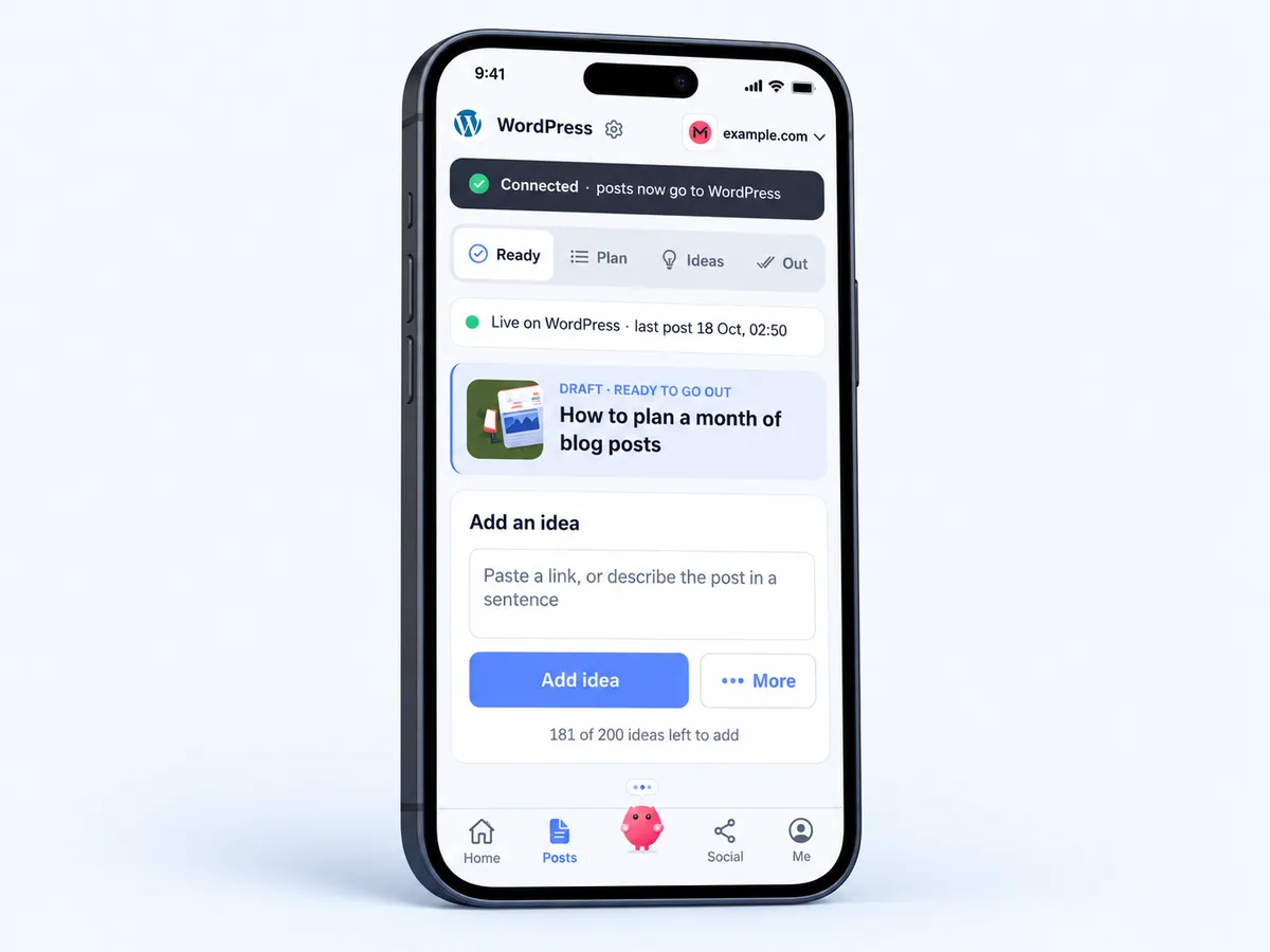 The app's Posts screen with Live on WordPress and a Connected message