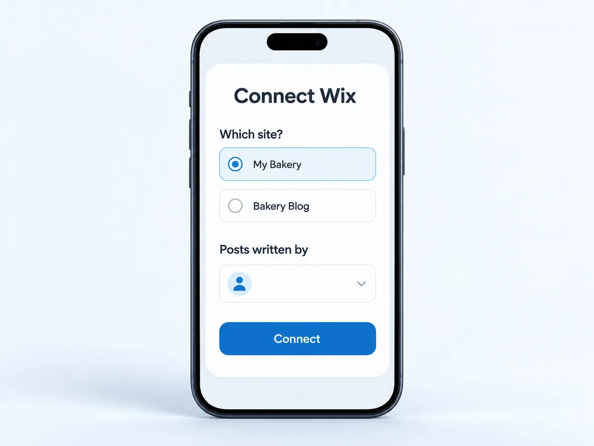 Choosing the Wix site and the post author