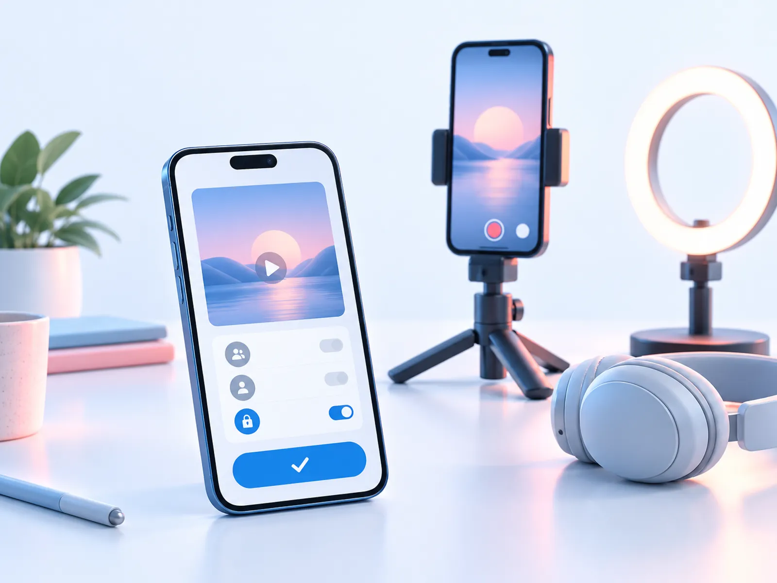 A phone filming on a stand beside a phone showing a video with privacy choices